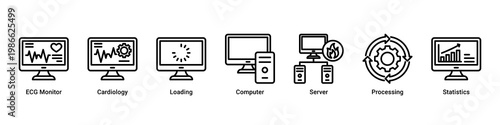 System Monitoring web banner icon vector illustration with icons of ECG Monitor, Cardiology, Loading, Computer, Server, Processing and Statistics