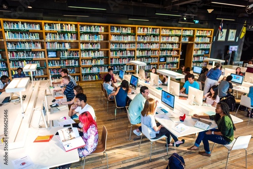 Photos Modern library with engaged students