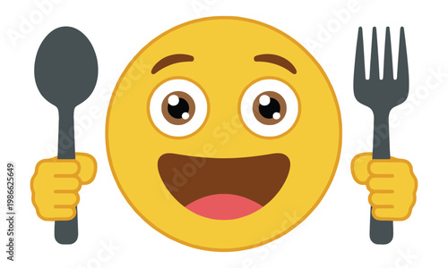 Hungry emoji holding spoon and fork for eating, expressive food craving character