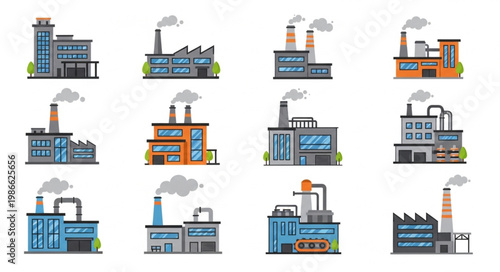 Collection of Industrial Factory Buildings with Smoke Stacks.