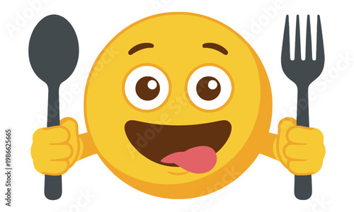 Hungry emoji holding spoon and fork for eating, expressive food craving character