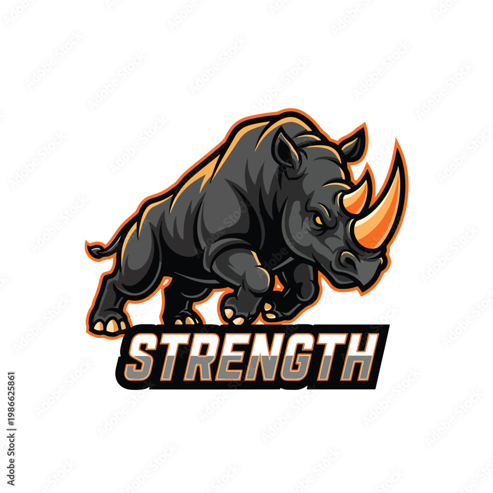 Obraz premium Aggressive Charging Rhino Mascot Logo Design with Strength Typography.