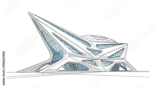Futuristic building design with sharp angles and blue windows isolated on white background.