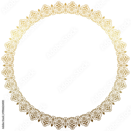 Circular frame, vintage pattern, gold border, graphic element.