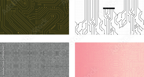 Collection of 4 Technology Circuit Board. Vector Technology Motif with Soldered Connections