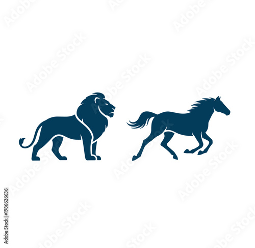 blue lion and horse silhouettes standing side by side on white background