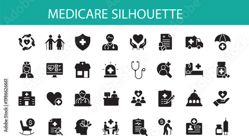 Medicare health care symbols and icons in black and white vector graphic illustration