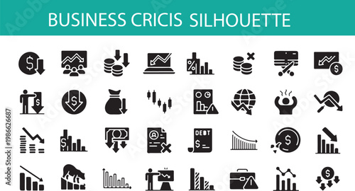 Business crisis vector illustration with various financial and economic icons in black and white design