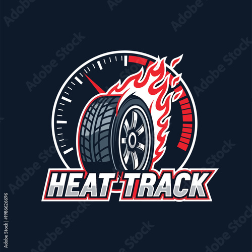 Automotive Racing Logo Featuring A Burning Tire On A Speedometer Gauge.