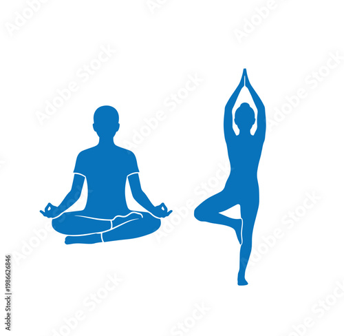 Blue silhouettes of man and woman in yoga poses on white background
