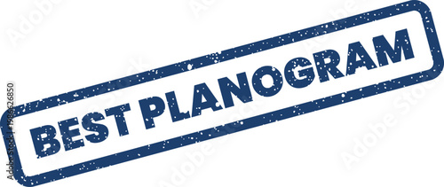 Distressed blue rubber stamp showcasing the phrase BEST PLANOGRAM within a rectangular outline for retail layouts