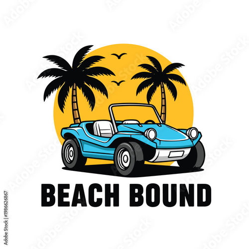 Blue beach buggy illustration with palm trees and sun background.