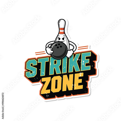 Bowling mascot logo with strike zone typography for sports club.