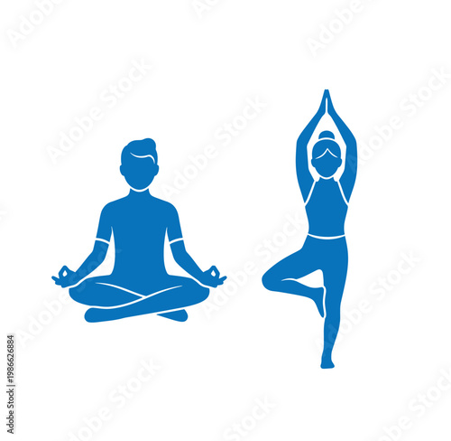 blue silhouettes of a man and woman in yoga poses on white background