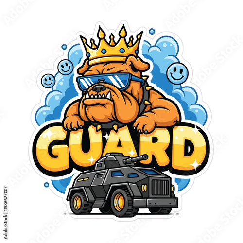 Cartoon bulldog wearing a golden crown and sunglasses with a military tank.
