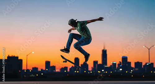 Skateboarder Performing Trick against City Skyline at Sunset