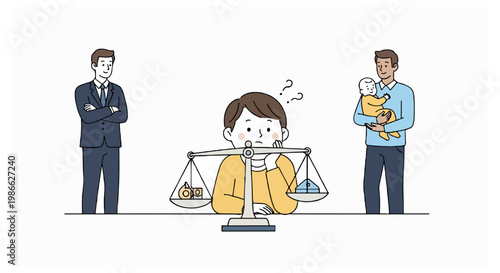 Illustration of a child pondering a lopsided balance scale featuring work and house icons between a businessman and a man with a baby.