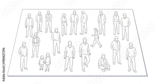 Group of diverse people standing and sitting in a line.