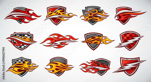 Collection of Shield Emblems with Flames and Lightning Bolt Graphics.