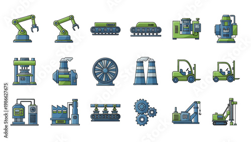 Industrial manufacturing equipment and factory machine icon set in flat line style.