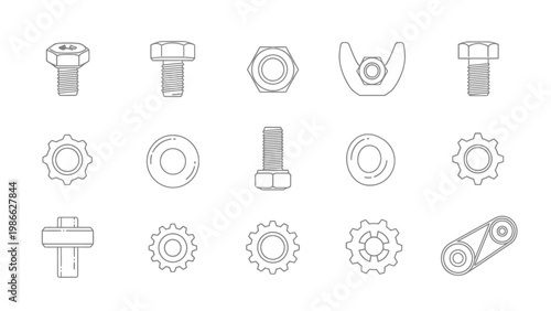 Mechanical hardware components line icon set with bolts nuts and gears.