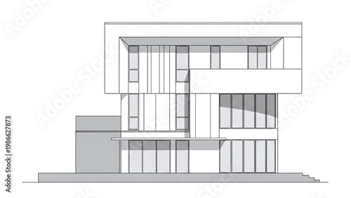Architectural drawing of a modern multistory building with large windows and balconies.