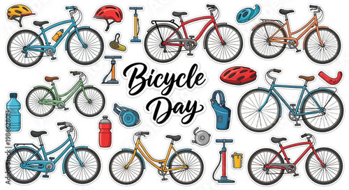 A colorful vector illustration displays various bicycles and accessories with retro bicycle day design elements spread across a white background, conveying a whimsical and eco-friendly