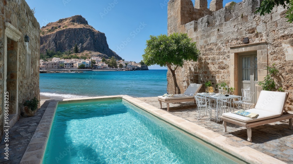 Fototapeta premium Coastal villa scene with pool overlooking sea and mountain landscape