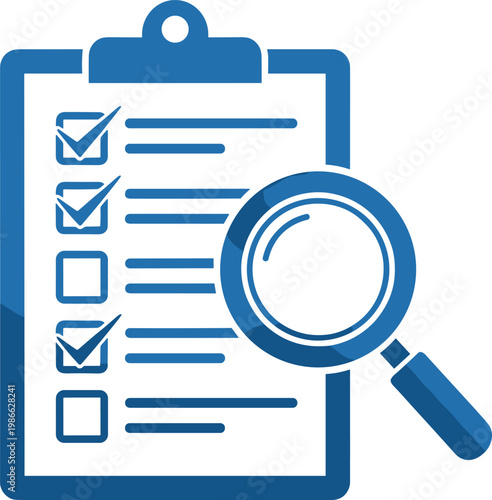 Magnifying glass examining a checklist on clipboard, signifying accuracy, verification, and careful review of tasks for successful completion and auditing.