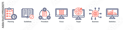 Risk Planning web banner icon vector illustration with icons of Planning, Guidelines, Procedure, Focus, Target, Business and Statistics