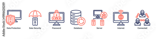 Data Security web banner icon vector illustration with icons of Data Protection, Data Security, Password, Database, Server, Internet and Connected