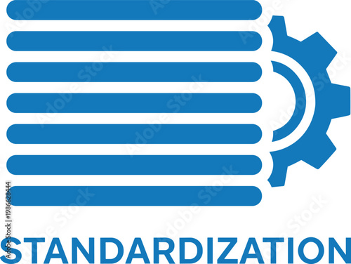 Standardization word lettering with gear wheel and blue horizontal lines for industrial workflow and mechanical process.