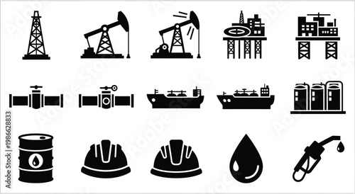 Oil industry and energy production icons with rigs plants and tanks.
