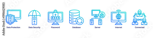 Data Security web banner icon vector illustration with icons of Data Protection, Data Security, Password, Database, Server, Internet and Connected