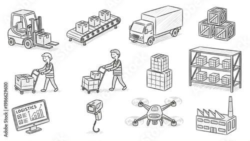Top View Doodle Warehouse Logistics Workflow Vector Set, Naive Human Figures, Hand Drawn Notebook Sketch Style, Clean Isolated White Background