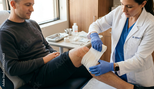 Patient receiving professional care for a leg wound.