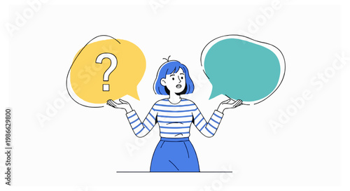 An illustration of a woman with blue hair holding up a yellow speech bubble with a question mark and an empty teal speech bubble.