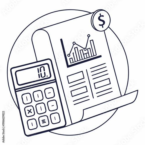 A minimalist vector graphic illustration of a calculator and financial documents with a dollar sign