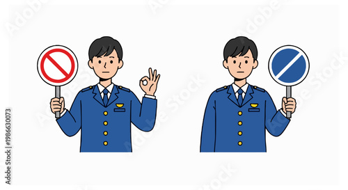 A flat illustration showing a male police officer in a blue uniform holding two different prohibition signs and making an okay hand gesture.
