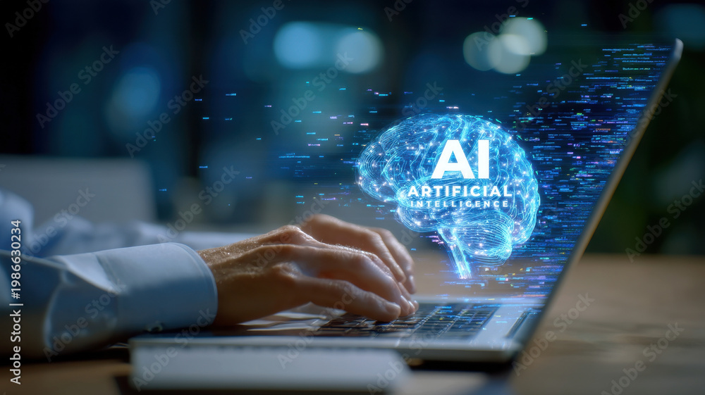 Naklejka premium AI artificial intelligence hologram brain over laptop while person types on keyboard at night in office