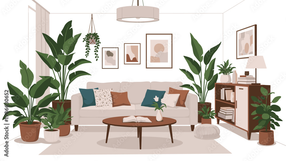 Fototapeta premium Comfortable and modern living room interior featuring a large sofa, indoor plants, a coffee table, and various wall art.