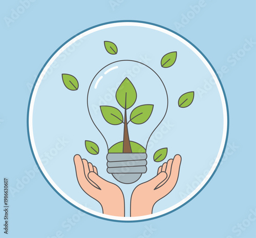 Sustainable Energy Concept with Growing Plant Inside Light Bulb Held by Human Hands