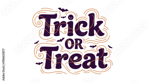 Spooky trick or treat hand drawn typography with flying bats and swirly line elements on a clean white background for halloween parties and cards.