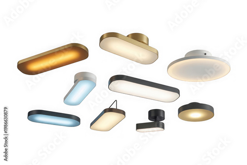 A collection of various modern light fixtures isolated on transparent background