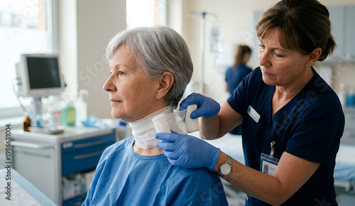 A doctor carefully wraps a neck injury in a clinical environment.