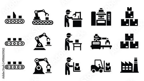 Set of black flat manufacturing icons including robotics and factory assembly line workers.