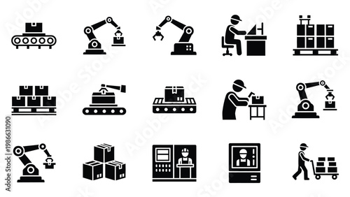 Collection of black glyph icons depicting smart factory automation and robotic arm operations.