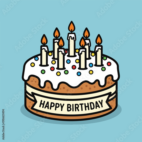 A birthday cake with white frosting and candles