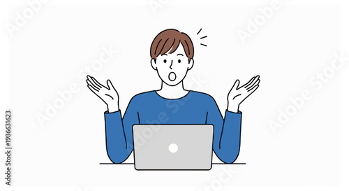 Man reacting with shock while sitting at a laptop on a white desk.