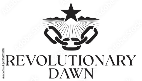 Revolutionary dawn logo featuring broken chains and star symbol